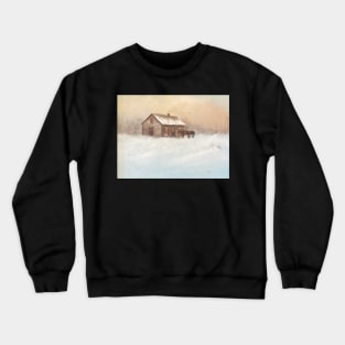 Snowy Pink Sunset Barn Oil on Canvas Crewneck Sweatshirt